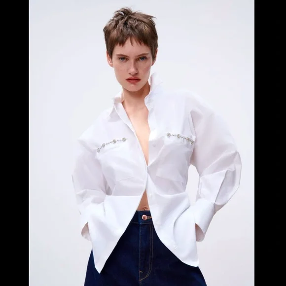 Zara White Jewel Detail Oversized Shirt - Picture 4 of 11